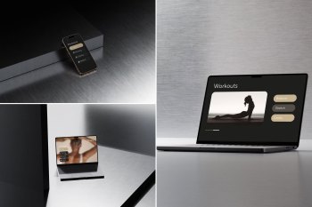 Silver laptop mockup with fitness guide on metallic surface