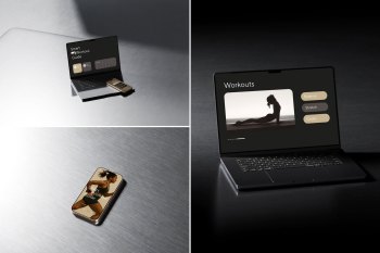 Silver smartphone mockup on elevated metallic surface in dark lighting