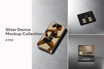 Silver device mockup collection with laptop, tablet, and smartphone on metallic backgrounds