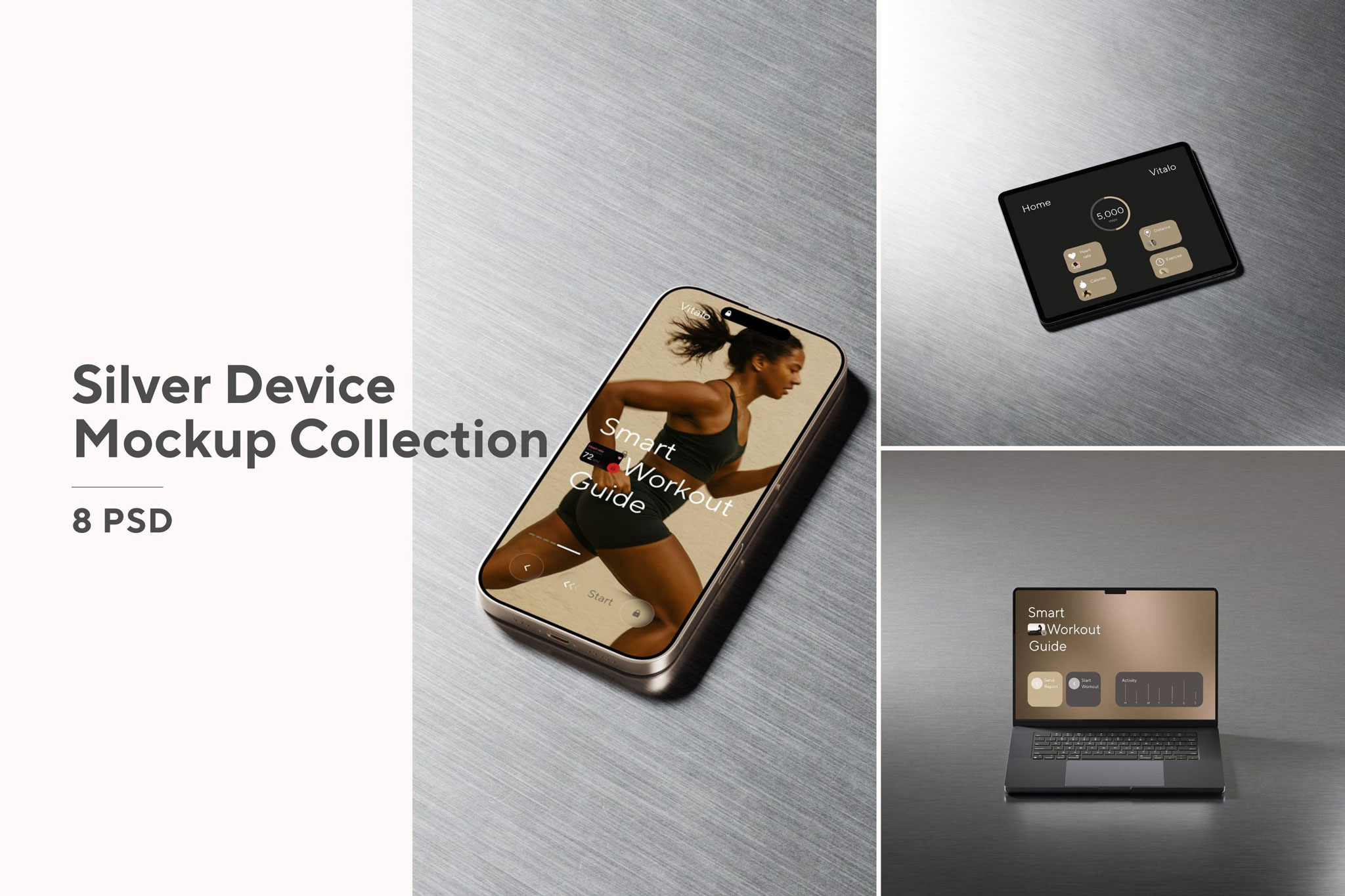 Silver device mockup collection with laptop, tablet, and smartphone on metallic backgrounds