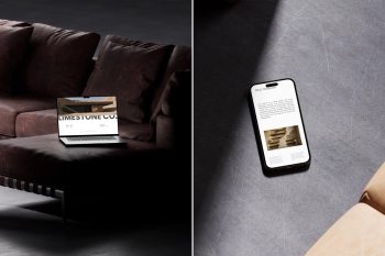 High-angle view of an iPhone 15 Pro mockup lying on dark, aged leather furniture with dramatic lighting overlays.