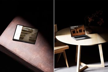 Open MacBook Pro laptop mockup resting on a vintage brown leather bench with concrete flooring and natural window shadows