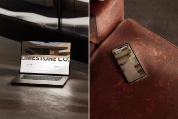 Combined mockup scene featuring both an iPhone and a MacBook Pro on a leather surface for responsive web design presentation.