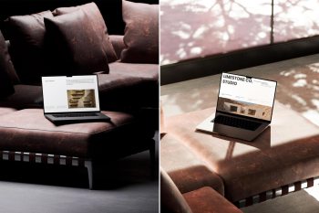 Front view of a MacBook Pro sitting on a dark brown leather sofa in a low-light luxury interior.