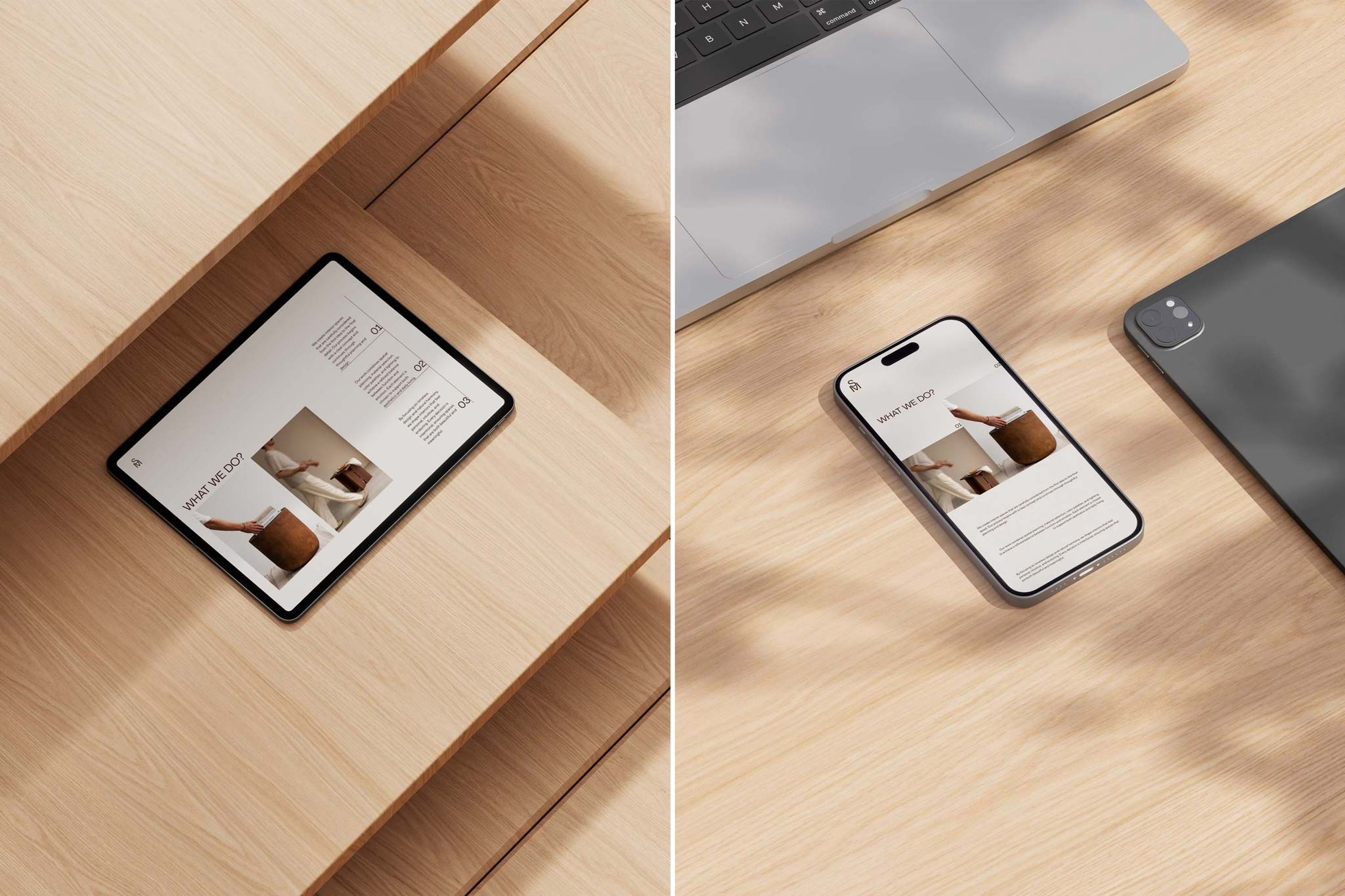 Flat lay photography of an iPad, iPhone, and MacBook corner on a wooden desk with organic shadows.