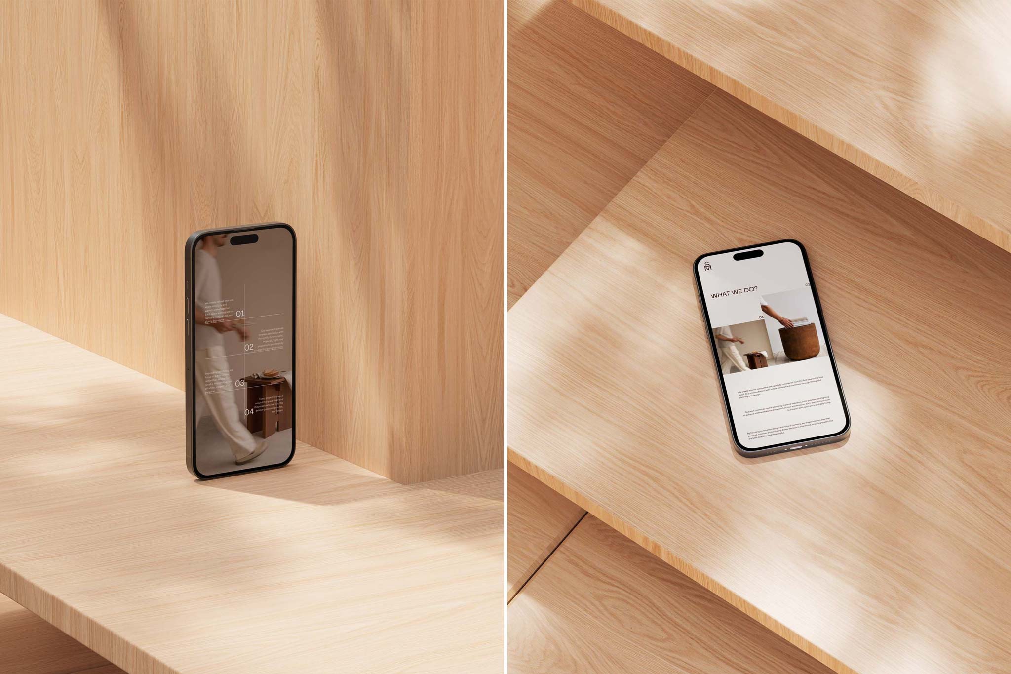 Close-up shot of an iPhone screen mockup resting on light wood joinery with soft daylight.