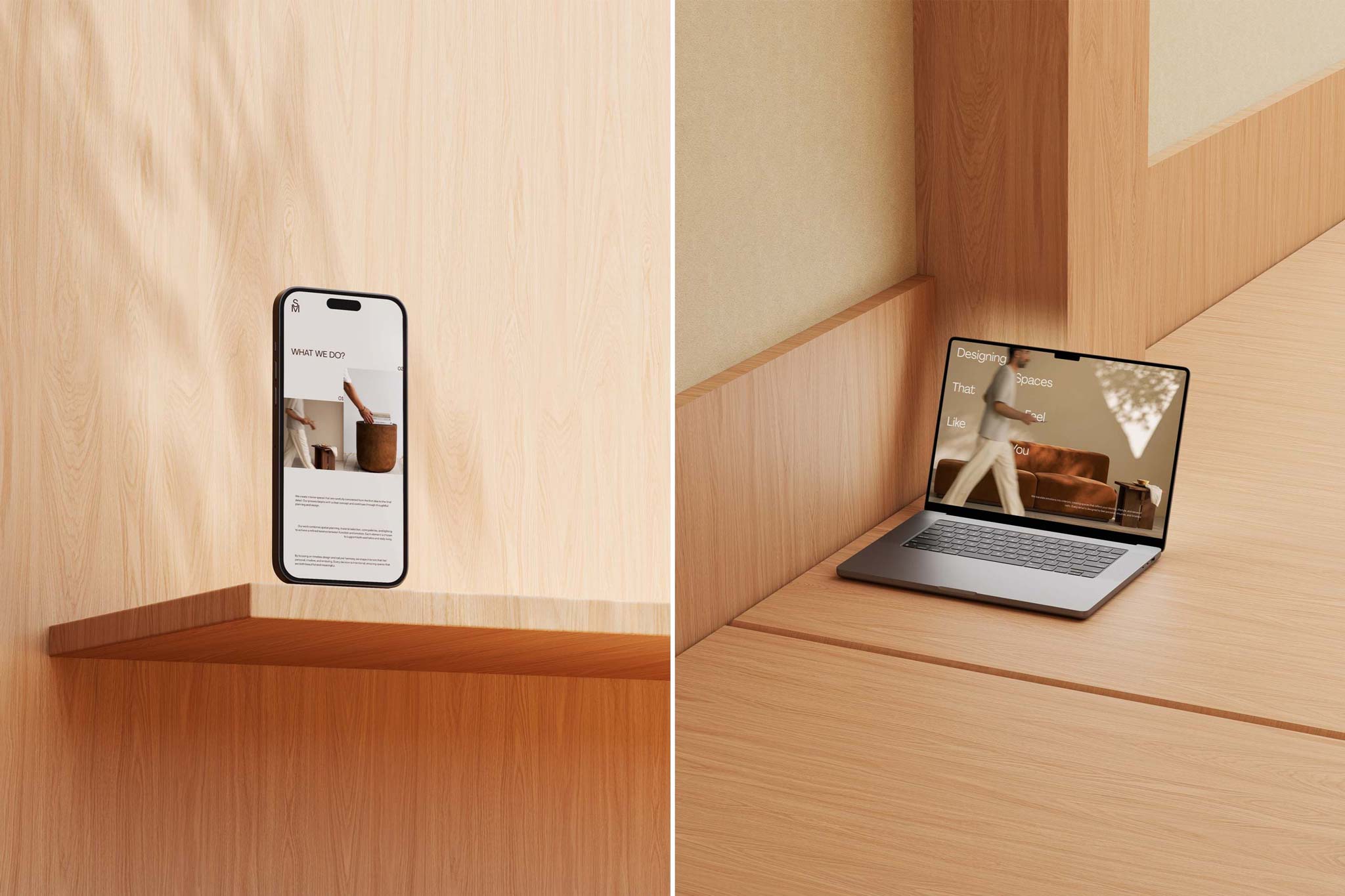 Side view of a MacBook Pro on wooden steps and an iPhone standing on a wooden shelf in a beige room.