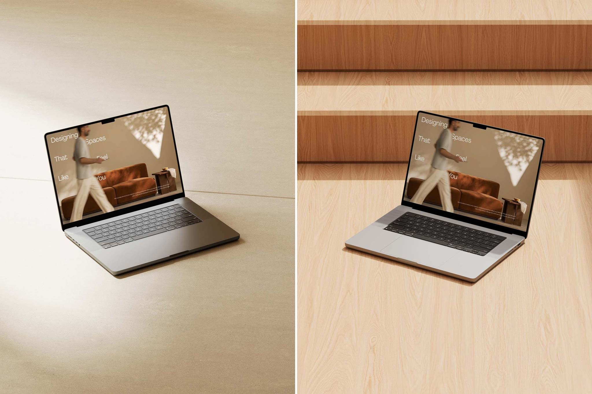 High-angle view of an open MacBook Pro laptop on a light wooden floor with sunlight casting shadows.