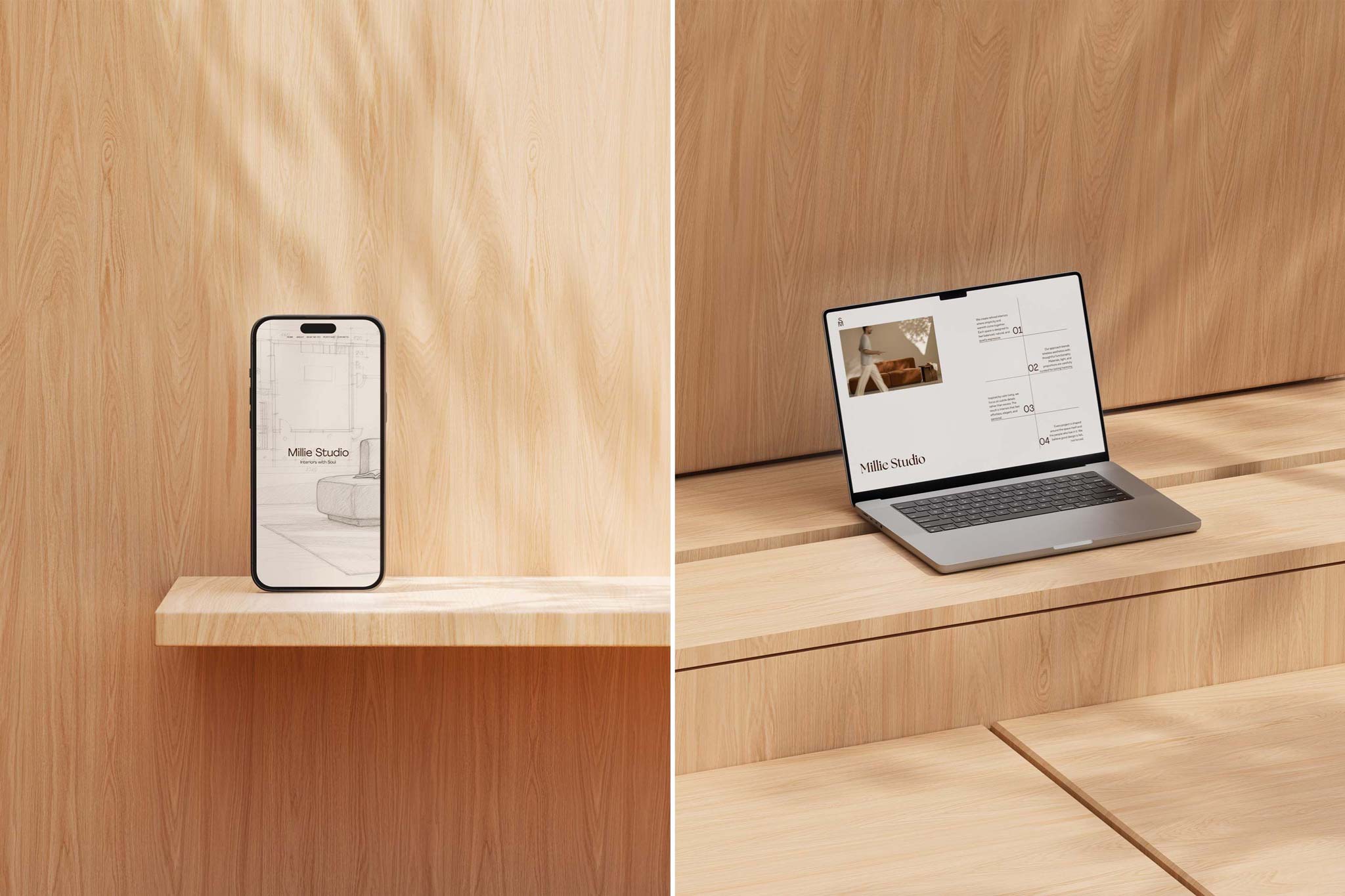 Split image showing a smartphone standing on a wooden shelf and a laptop placed on wooden stairs with sunlight.