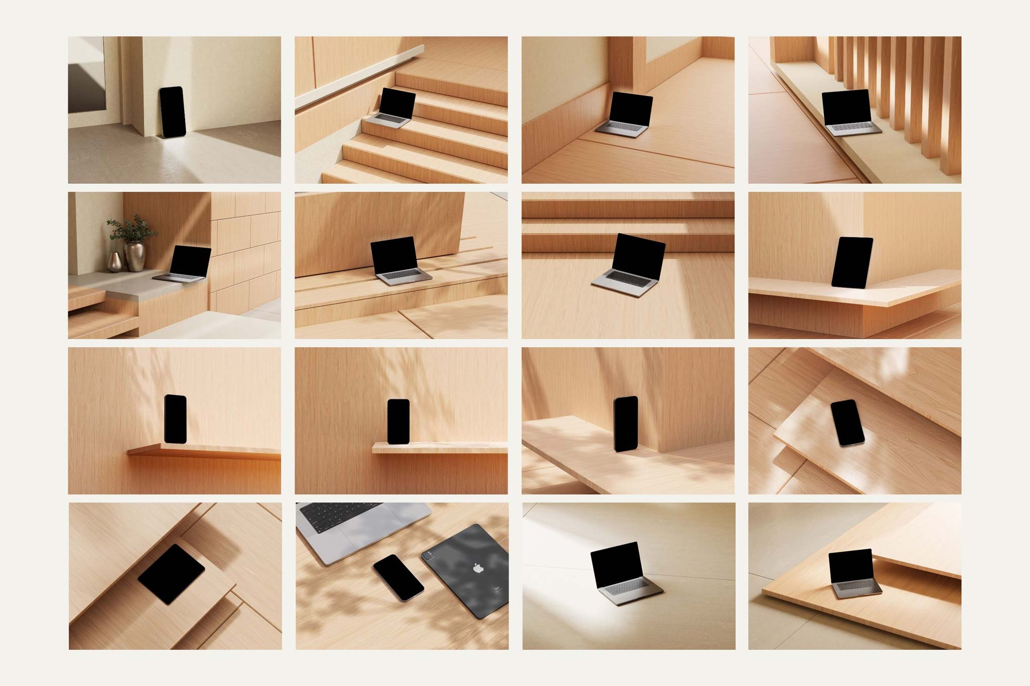 Grid view of 12 different minimalist Apple device mockups including MacBooks, iPhones, and iPads in wooden settings.