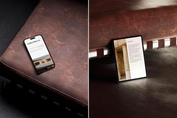 iPhone smartphone mockup placed on a textured concrete surface with organic tree shadows.