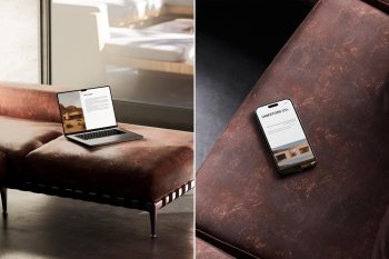 Artistic composition of Apple devices in a moody, leather-furnished room with sun-drenched shadows.