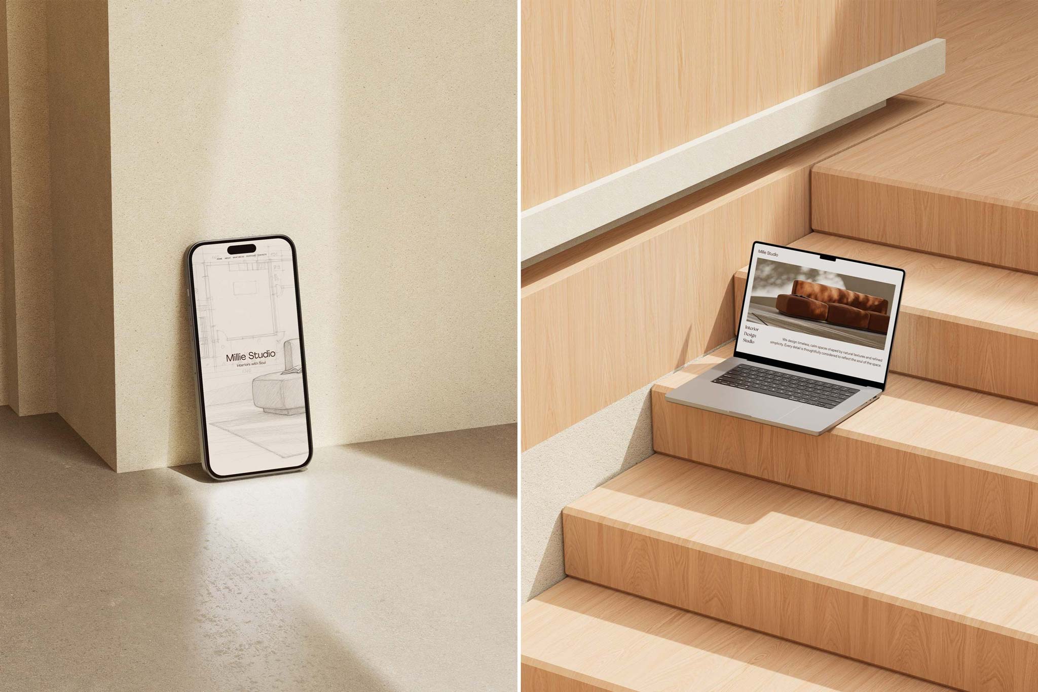 iPhone leaning against a beige stucco wall on a concrete floor next to a MacBook Pro on wooden stairs.